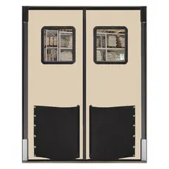This CHASE insulated swinging door features two doors, each 8 ft wide and 8 ft high, in a beige polyethylene finish. It includes a polycarbonate window, door seals, bumpers, and mounting hardware. The door meets USDA standards and is suitable for temperature-controlled environments such as food processing plants, cold storage facilities, and clean rooms.