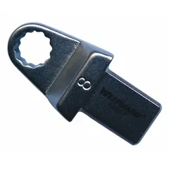 This 12-point box end torque wrench head is designed for use with interchangeable torque wrenches. It features an 8 mm size and an overall length of 1 5/8 inches. Suitable for tightening fasteners to specified torque values in assembly and repair tasks.