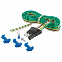 This 4-way electrical plug connects trailer lighting to a tow vehicle. It features rubber construction and 16 ga wire gauge for use in standard trailer wiring systems. Suitable for turn signals, brake lights, and tail lights on trailers and light-duty towing applications.