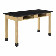 Fixed-height lab table with an epoxy countertop for chemical resistance and an oak wood frame. Overall height 30 inches, length 4 1/2 feet. Suitable for laboratory, educational, and industrial settings requiring a stable work surface for instruments and experiments.