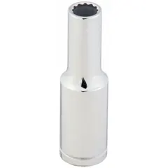 This 1/2" drive hand socket features a 9 mm socket size with a 12-point configuration and deep profile. Constructed from chrome, it is designed for tightening or loosening metric fasteners in automotive repair, machinery maintenance, and industrial assembly.