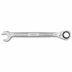 This SAE spline ratcheting combination wrench has a 7/8 in head size and an overall length of 12 1/2 in. It is made of alloy steel with a full polish chrome finish. The spline drive design allows ratcheting action without removing the wrench, suitable for tightening and loosening fasteners in industrial maintenance, assembly, and repair applications.