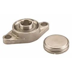 This NTN flange-mount ball bearing features a 1 5/8 in cylindrical bore and a closed cap. It is lubricated with FDA/USDA-H1 solid grease and secured with set screws. The bearing has a 5/8 in mounting bolt size and measures 7 5/64 in length by 2 13/64 in width. Typical applications include conveyor systems and packaging machinery in food processing environments.