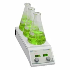 Digital multiposition hot plate stirrer with 3 positions and a 3 7/8 in round ceramic coated aluminum plate. Designed for simultaneous heating and stirring of multiple samples in laboratory applications such as synthesis, dissolution, and media preparation. Operates on 120/230V with US Standard plug.