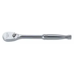 This standard-head ratchet features a reversible design and chrome finish. With an overall length of 8 1/4 inches and a minimum arc swing of 4.3°, it is suited for tightening and loosening fasteners in confined spaces common in automotive, machinery, and industrial maintenance tasks.
