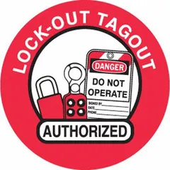 Non-reflective circle label with English text, 2 in diameter. Pack of 4. Designed for application on hard hats to identify authorized lockout/tagout personnel in industrial facilities.