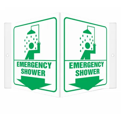 CONDOR Safety Sign: PETG, Mounting Holes Sign Mounting, 6 in x 8 1/2 in Nominal Sign Size - V-Shape Projection Emergency Shower Signs