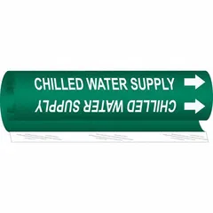 Green wrap-around pipe marker with white legend reading 'Chilled Water Supply' and directional arrows. Fits pipe outer diameters from 1/2 to 1-3/8 inches. Used to identify chilled water supply lines in HVAC and industrial piping systems, aiding in flow direction tracing during maintenance or system modifications.