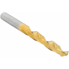 This solid carbide jobber-length drill bit features a TiN coating for wear resistance and a 118° 4-facet point that reduces walking and improves hole accuracy. With a #22 wire gauge diameter of 0.1570 inches, it is suited for general-purpose drilling in ferrous and non-ferrous materials in production machining, tool and die work, and maintenance applications.