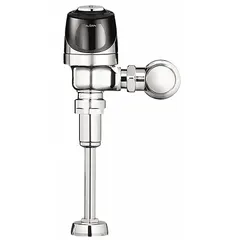 Battery-powered urinal automatic flush valve with 0.5 gpf (gallons per flush) rating. Features top spud location and 11-1/2 in rough-in. Suitable for commercial restroom applications requiring touch-free operation.