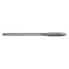 Spiral-point extension tap with #8-32 UNC thread, H3 / 2B tolerance, plug chamfer, and 2-flute design. Made from high speed steel. Used for through-hole threading in pulleys, hubs, and other recessed areas where extended reach is required.