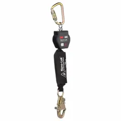 This Class 1 self-retracting lifeline (SRL) features a 6 ft synthetic fiber lifeline with a steel snap hook at the anchorage end and a harness steel carabiner. Designed for overhead-only anchoring, it is used for fall arrest in industrial settings where workers require mobility with automatic tensioning.