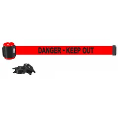 This magnetic-mount retractable belt barrier features a 15 ft red belt with Danger messaging. The black housing and base attach securely to steel surfaces, providing a visual warning in areas requiring temporary access control or hazard delineation.