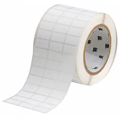 White matte-finish precut label roll for cryogenic thermal transfer printing. Label height 1/2 in, width 1 in, roll length 1/2 in. Compatible with THT printer series. Used for asset identification, pipe marking, and equipment labeling in extreme cold environments.