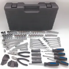 This 148-piece tool set includes drivers and bits in Metric and SAE sizes, pliers, wrenches, and accessories. It contains one long-nose pliers, four slotted screwdrivers, twelve combination wrenches, and six accessories. The set is housed in a tool case for organized storage and transport. Suitable for general maintenance and repair tasks in industrial or shop environments.