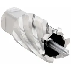 This high-speed steel annular cutter is designed for general cutting applications in metal, including structural steel, plate, and pipe. It features a 1-1/4 in cutter diameter, 1 in maximum cutting depth, bright finish, and includes a pilot pin for alignment. The cutter has a Weldon Flat shank and fractional inch sizing.
