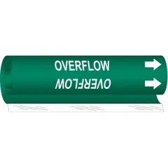 Wrap-around pipe marker with green background and white legend reading 'Overflow'. Fits pipe outer diameters from 1/2 to 1-3/8 inches. Includes directional arrows for flow indication. Used to identify overflow pipes in industrial piping systems.