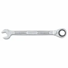 Alloy steel construction with full polish chrome finish. 27 mm head size, 14 7/8 in overall length. Spline ratcheting box end engages fasteners from multiple positions. Used for fastening in industrial maintenance and assembly applications.