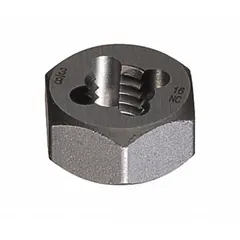 Solid hex rethreading die for cleaning, repairing, or restoring damaged external threads on bolts, studs, and pipes. Metric thread size M10x1.25 with 7/8 in hex width. Made from carbon steel. Suitable for manual or tool-holder use in maintenance and repair applications.