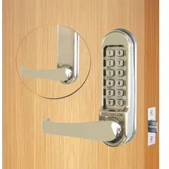 The CODELOCKS CL510-SS is a mechanical push button lockset constructed from stainless steel. It provides keyless entry without a key override option. This lockset is suitable for interior or exterior doors in commercial and institutional settings where code-compliant, mechanical access control is required.