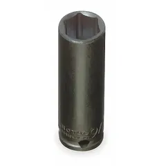 This 3/8" drive impact socket is designed for use with impact wrenches on SAE fasteners. The 6-point deep configuration provides secure engagement on hex fasteners, while the black oxide finish offers corrosion resistance. Typical applications include automotive repair and industrial maintenance where high torque is required.