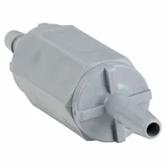 This inline PVC ball check valve features a stainless steel ball and a 1/4 in pipe size. It is designed to prevent backflow in piping systems where corrosion resistance is required. Typical applications include water treatment, chemical processing, and irrigation.