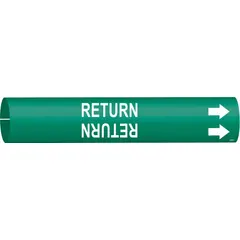 Green snap-on pipe marker with white 'Return' legend and directional arrows. Fits pipe outer diameters from 3/4 to 1-3/8 inches. Used to identify return lines in industrial piping systems, supporting clear content and flow direction marking.