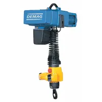 Heavy-duty, hook-mounted electric chain hoist without trolley. Operates on 480V AC with 9 ft maximum lifting length and 28-30 in headroom clearance. Includes chain container. Suitable for fixed-point lifting in industrial environments
