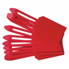 Red plastic plain tag for general shipping and identification use. Measures 5-7/8 inches high by 3-1/4 inches wide with a 30-point card stock thickness. Supplied in packs of 25.