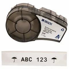 Combined label and ribbon cartridge for M210-LAB printer. Continuous roll, 3/4 in x 21 ft, polyester, white gloss finish. Halogen-free, rated for indoor/outdoor use. Suitable for industrial identification, cable marking, and asset tagging.