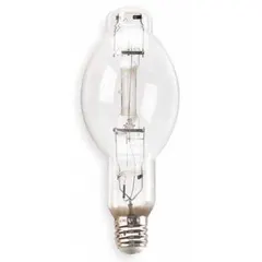 This 1000-watt metal halide lamp features a BT56 shape and a Mogul Screw (EX39) base. It operates in a vertical base up orientation within +/-15 degrees. The 3500K color temperature produces bright white light suitable for high-bay industrial lighting, warehouse illumination, and outdoor area lighting.