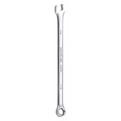 This SAE 12-point combination wrench is made from alloy steel with a satin finish. It features a 1/4-inch head size and a 5-inch overall length with an offset design. Suitable for tightening or loosening fasteners in maintenance, assembly, and repair tasks where confined space access is needed.