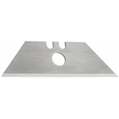 Steel utility blades with a straight edge and standard tip. Each blade measures 3/4 in width and 0.031 in thickness. Suitable for cutting cardboard, plastic strapping, and light materials in packaging, warehousing, and construction tasks.