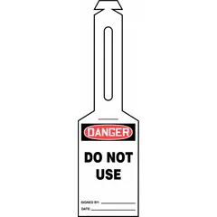 White single-part danger tags with attached strap, size #7, supplied in a pack of 25. The legend is printed on one side only. Used for lockout/tagout procedures to warn personnel of hazardous energy sources, with the strap allowing quick fastening to equipment, valves, or switches.