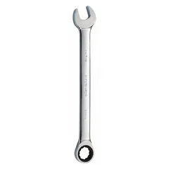 This SAE 12-point ratcheting combination wrench is constructed from alloy steel with a chrome finish. It features a 1-7/8 inch head size and a 25-3/8 inch overall length. Suitable for tightening and loosening fasteners in industrial maintenance, assembly, and repair tasks.