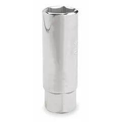 Deep 6-point spark plug socket with 3/8 in drive and 5/8 in socket size. Chrome finish resists corrosion. Designed for removing and installing spark plugs in SAE applications.
