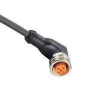 PNP-NPN converter patch cable with M12 female right-angle connector to bare wire, 5 m length, black PUR jacket, 4.30 mm wire size. IP69K rated for high-pressure, high-temperature washdown environments. Designed for sensors with normally closed function