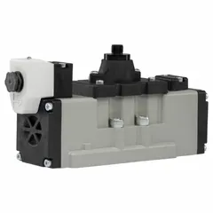 Four-way, two-position solenoid air control valve from the Parker H Series. Features a 5599-1 single solenoid, pilot return configuration with internal pilot. Operates on 120V AC. Used for pneumatic directional control in industrial automation systems to direct compressed air to actuators and cylinders.