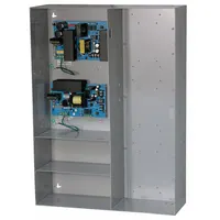 Steel-enclosed power supply board accepting 115V AC input. Configurable output: 12VDC at 10A or 24VDC at 10A, with a 20A maximum. Suitable for powering automation equipment, security systems, and panel-mounted devices in industrial control applications