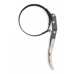 Strap-type wrench for removing oil filters. Iron body with a 1 1/16 in wide alloy steel strap provides secure grip and leverage. Suitable for automotive and equipment maintenance.