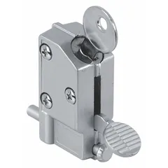 This sliding door lock measures 1 7/8 in length, 15/16 in width, and 2 5/16 in height. It is designed to secure sliding doors in commercial and industrial settings.
