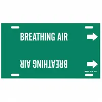 Green pipe marker with white legend reading 'Breathing Air' for identifying breathing air lines. Fits pipe outer diameters of 8 to 9-7/8 inches. Includes directional arrows. Strap-on design for easy installation without tools