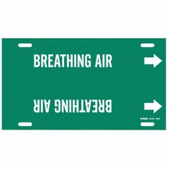 Green pipe marker with white legend reading 'Breathing Air' for identifying breathing air lines. Fits pipe outer diameters of 8 to 9-7/8 inches. Includes directional arrows. Strap-on design for easy installation without tools.