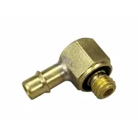 Nickel-plated brass barbed tube fitting with 3/16 in male NPT thread and 5/32 in ID beaded barb, configured as a 90-degree elbow. Used to connect tubing in fluid or pneumatic systems, providing a secure, leak-resistant turn in compact spaces