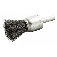This end brush features crimped steel fill for light cleaning of carbon steel surfaces. With a 3/4 in diameter, 0.01 in fill diameter, and 1/4 in shank, it is suited for removing rust, scale, and light burrs from corners, grooves, and hard-to-reach areas in metal fabrication and maintenance tasks.