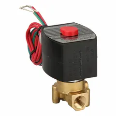 This 2-way, 2-position normally closed solenoid valve is designed for on/off control of liquids or gases in industrial systems. It remains closed when de-energized and opens when energized, suitable for fail-closed applications. The valve features a 1/4 in pipe size, 110V AC voltage, and a watertight coil enclosure for protection in moist environments.