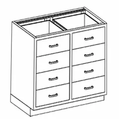Wall-mounted stainless steel base cabinet with 8 drawers. Overall width 35 in, depth 22 in. Suitable for laboratory and industrial storage where corrosion resistance and cleanability are required.