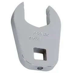 This metric open end crowfoot wrench is constructed from alloy steel with a chrome finish. It features a 27 mm head size and a 1/2 in drive, designed for use with standard socket drivers. The crowfoot configuration allows access to fasteners in confined spaces where a conventional socket or wrench cannot be used.