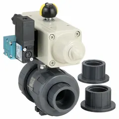 This pneumatically-actuated ball valve features a 1-inch PVC full-port design for minimal pressure drop. The PVC construction provides corrosion resistance for use in water treatment, chemical processing, and industrial piping systems. The pneumatic actuator enables remote on/off flow control without manual intervention. Pilot solenoid voltage is not included.