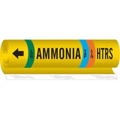 Wrap-around pipe marker for ammonia piping systems, designated HTRS for LIQ/VAP low-pressure service. Fits pipe outer diameters from 2-1/2 to 7-7/8 inches. Includes directional arrows. Provides clear identification of pipe contents and flow direction in industrial refrigeration applications.